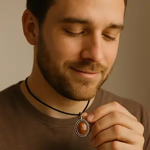 Man wearing a handmade necklace